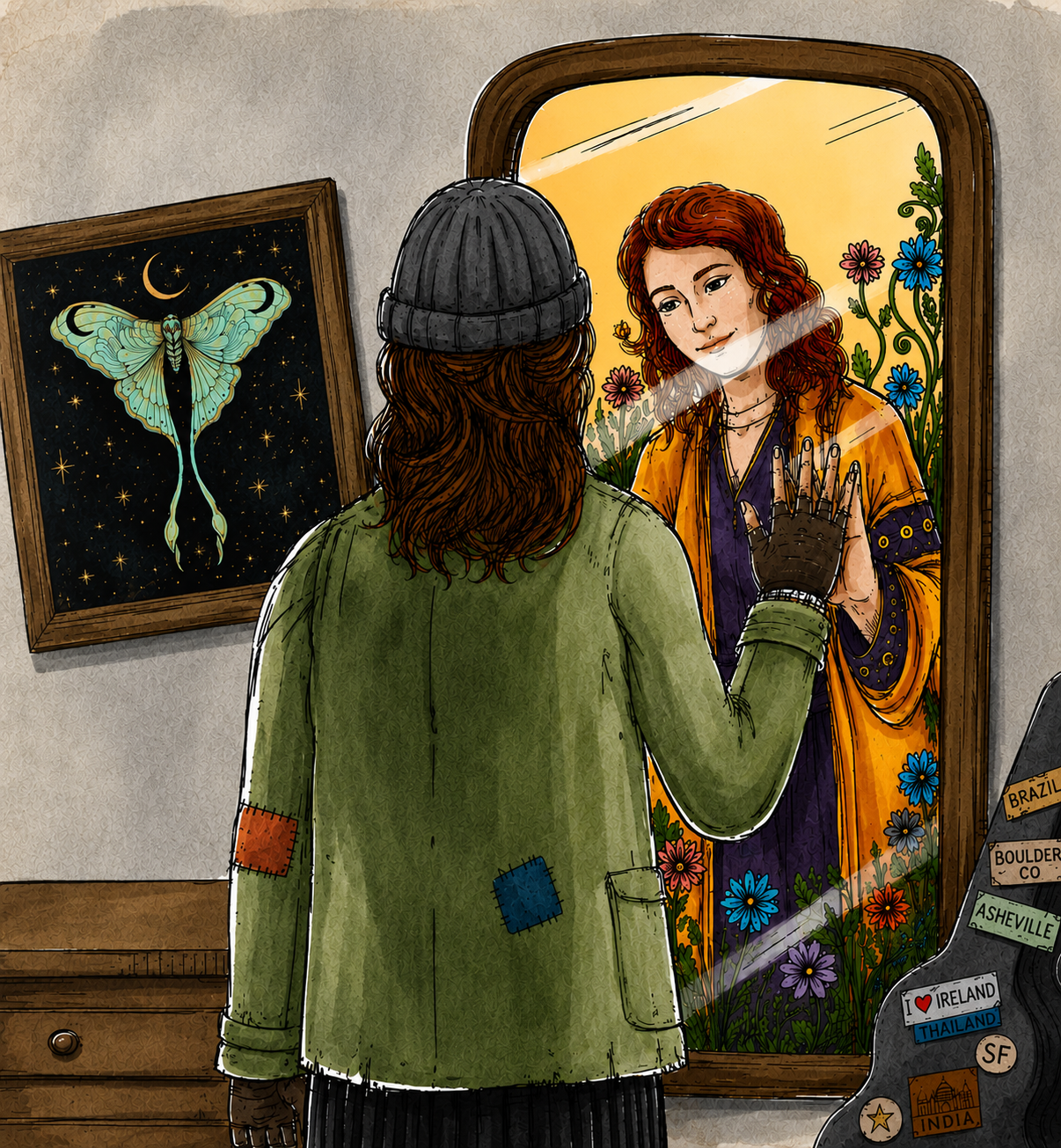 Painting of a woman with flowing red hair